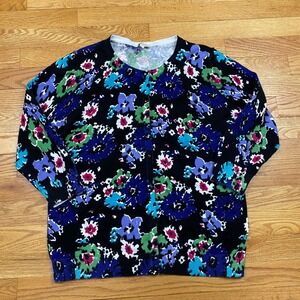 Talbots Floral Cardigan Women Large Black Blue Pink Cotton Knit Cottage Retro